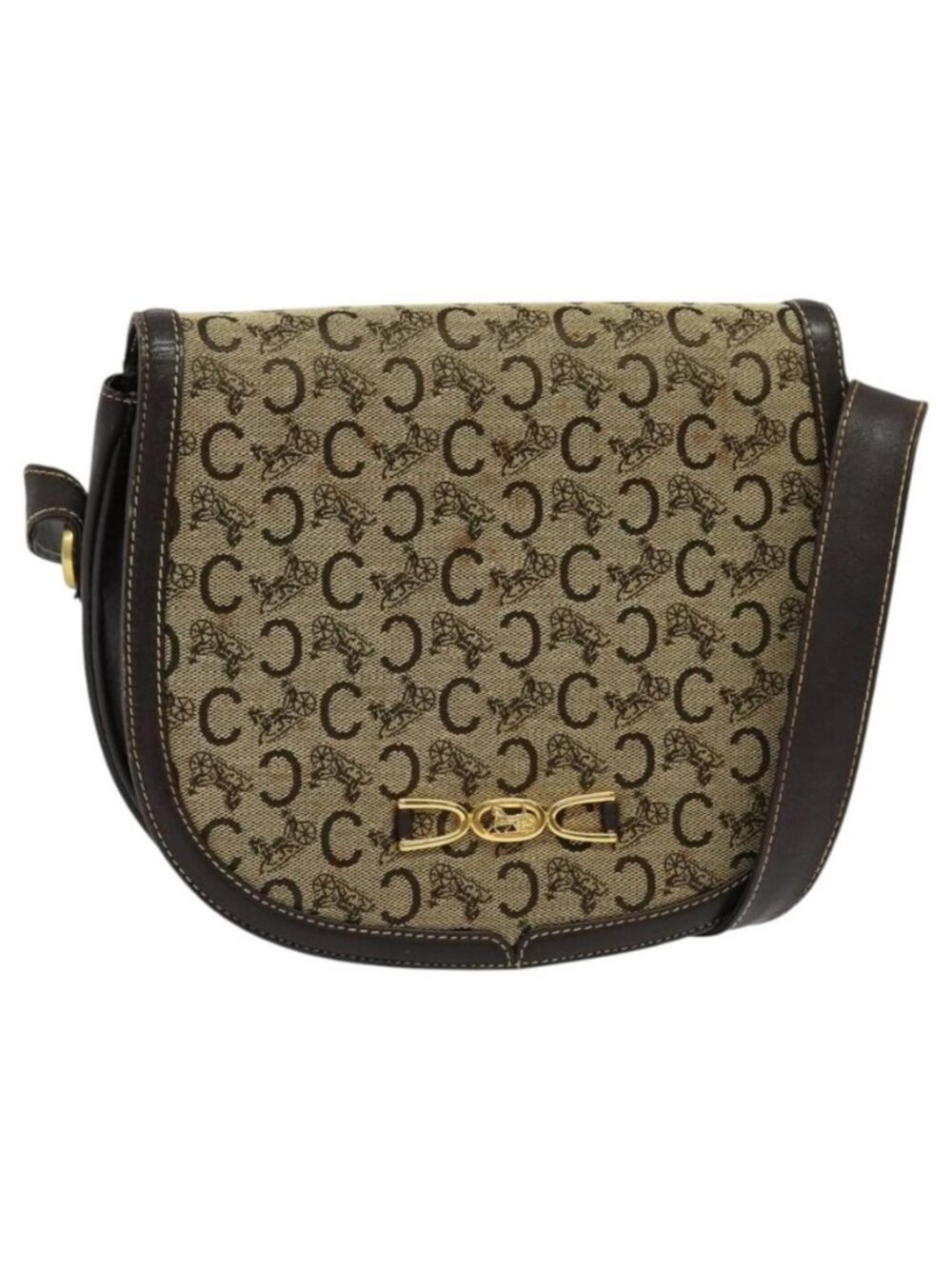 Authentic CELINE C Sulky Shoulder Bag Canvas Beige Gold